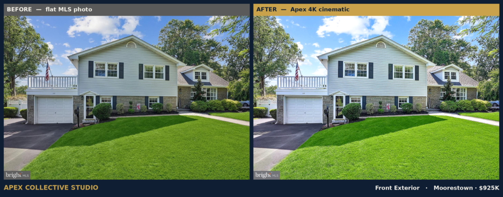 Front exterior, flat MLS photo beside the Apex 4K cinematic grade