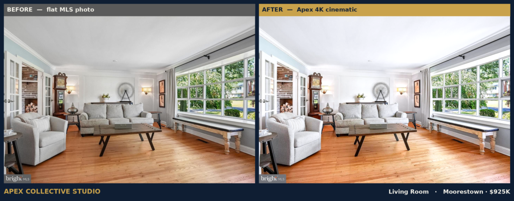 Living room, flat MLS photo beside the Apex 4K cinematic grade