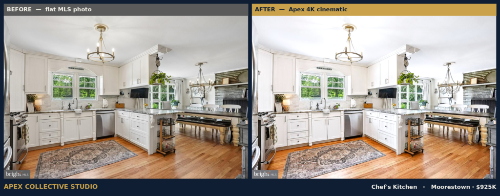 Chef kitchen, flat MLS photo beside the Apex 4K cinematic grade