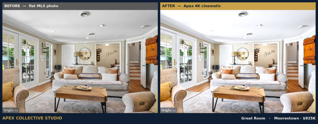 Great room, flat MLS photo beside the Apex 4K cinematic grade