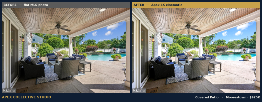 Covered patio, flat MLS photo beside the Apex 4K cinematic grade