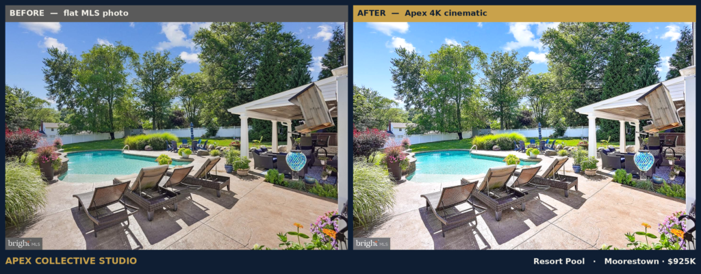 Resort pool, flat MLS photo beside the Apex 4K cinematic grade